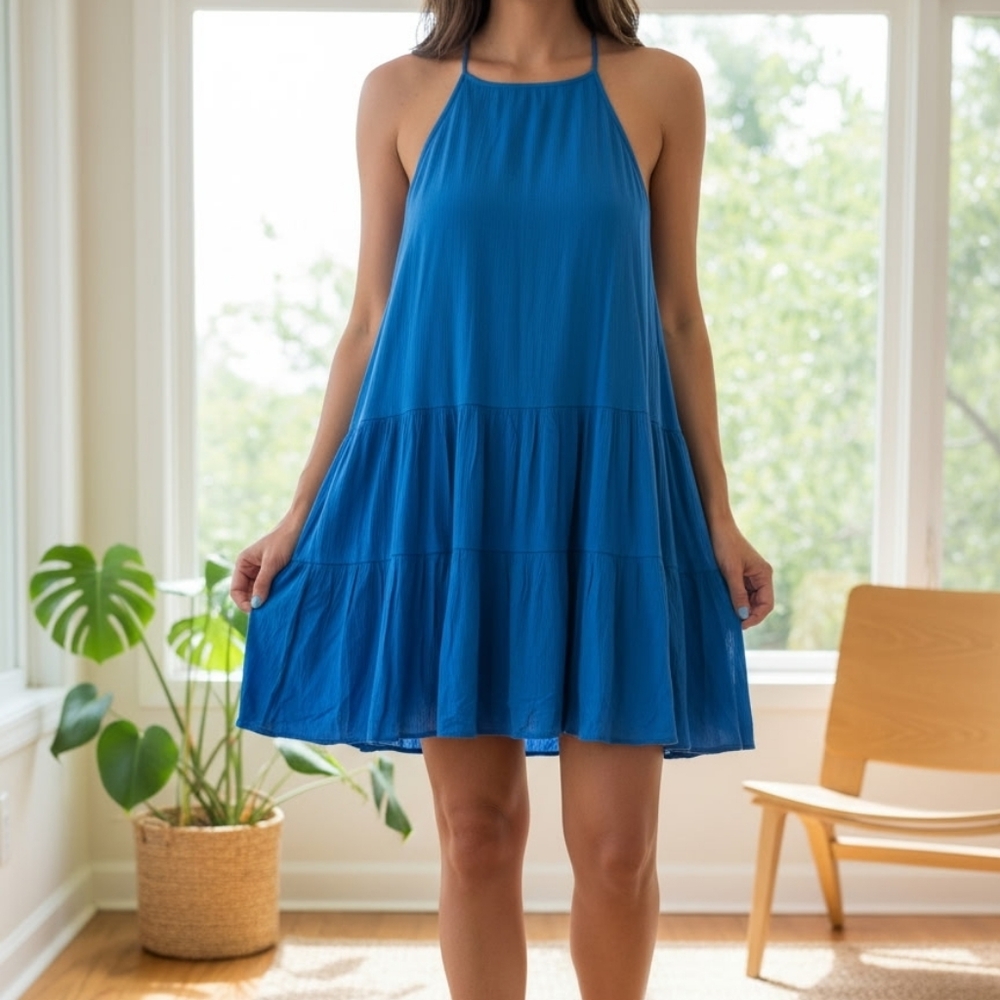 Blue Tiered Ruffled Halter Sundress